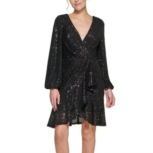 Eliza J Sequin Faux-Wrap Fit & Flare Dress, Black Size 10